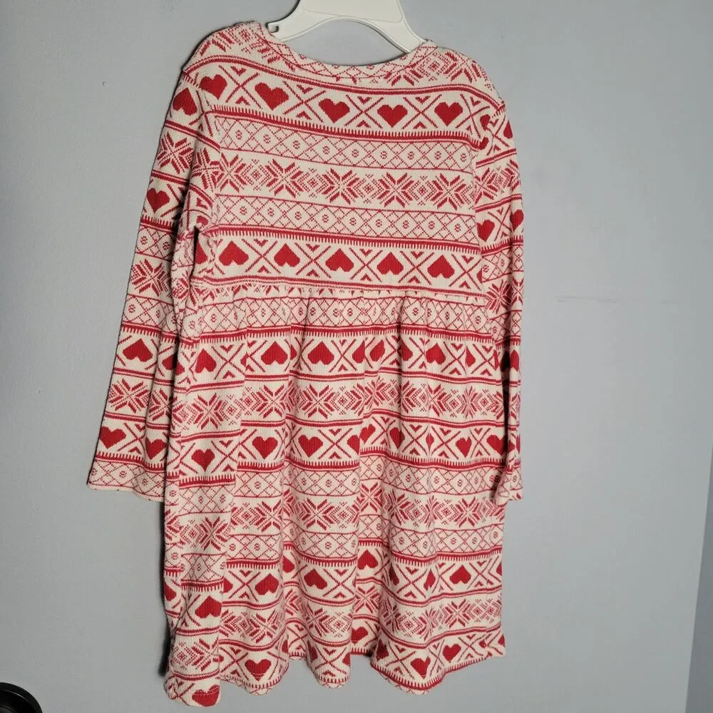 Old Navy Girls Red White Fair Isle Heart Waffle Knit Dress Long Sleeve Size 4T